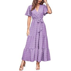 Women's Boho Swiss Dot Maxi Dresses Wrap V Neck Flutter Short Sleeve